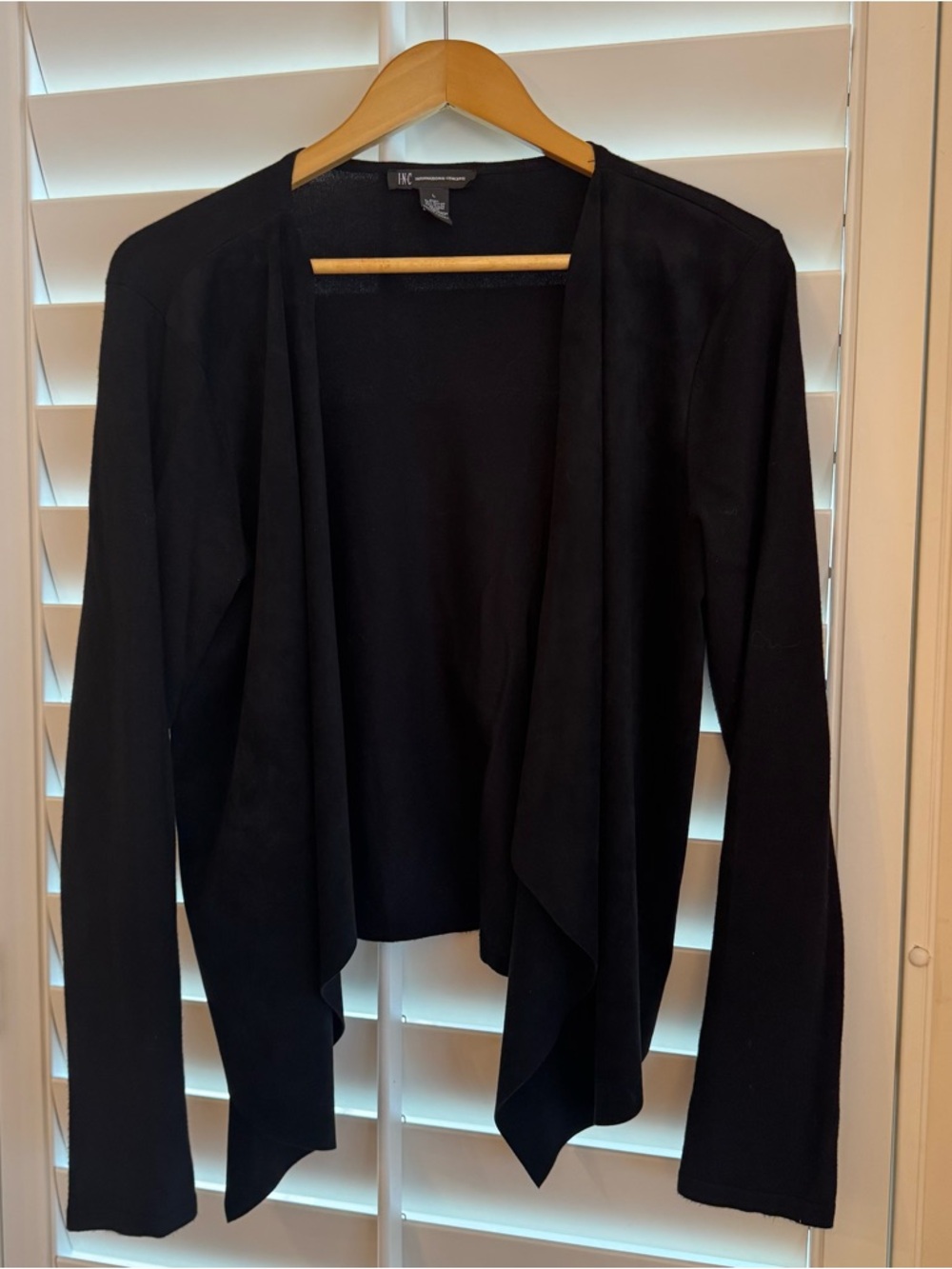 INC International Concepts Black Open Drape Front Cardigan Faux Suede Detail EUC